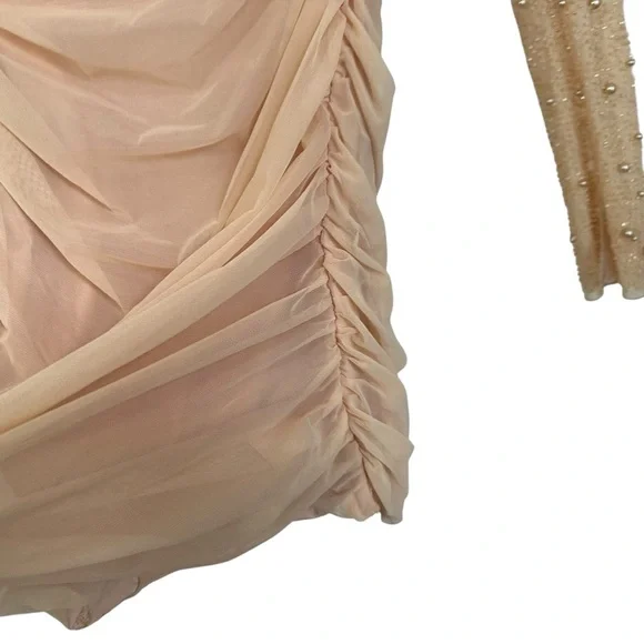 Oh Polly St. Germain Ruched Embellished Beaded Long Sleeve Mini Dress Sz 6 Beige - Picture 9 of 12